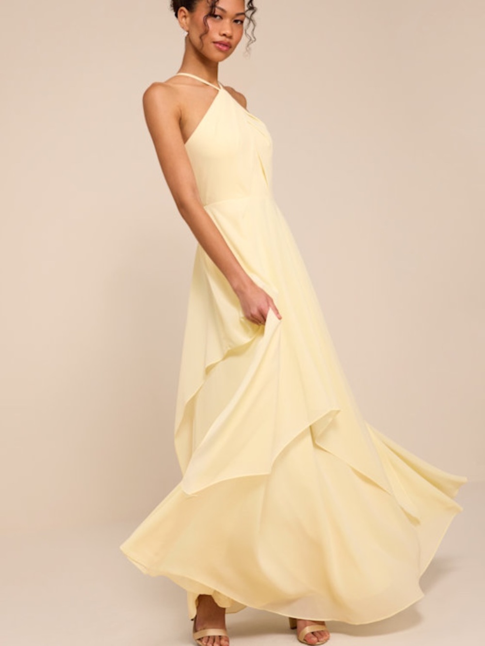 Lulus Aletta Pale Yellow Tiered Halter Maxi Dress - Size M
